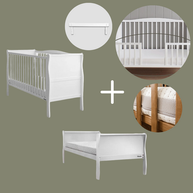 Woodies **Ultimate Bundle** Woodies Noble White 2 in 1 Cot Bed + Mattress + Toddler Rails + Day Bed Side (140cm)  - Hola BB